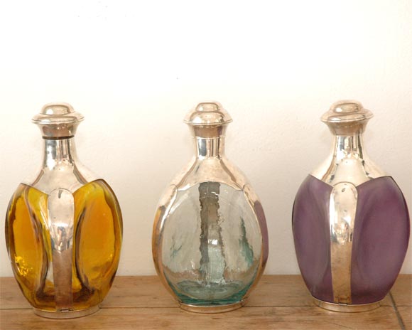 Mexican Three Sterling Overlay Colored Decanters