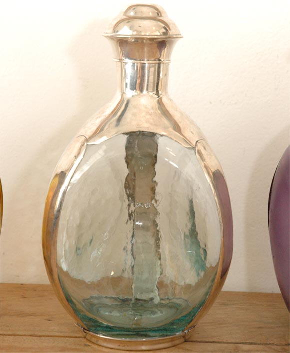 Glass Three Sterling Overlay Colored Decanters