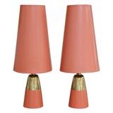 Pr. of brass and salmon lacquered wood lamps for Raymor