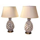 Pair of White Porcelain "Pineapple" Table Lamps with Brass Bases