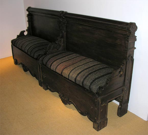 One Carved Bench with Vintage Wool Upholstery