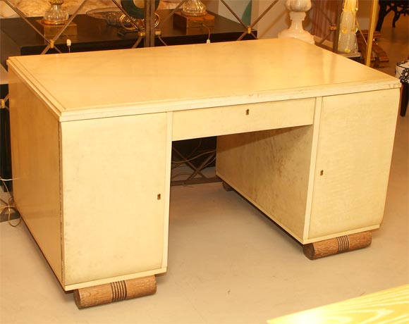 Sublime Parchment Clad Pedestal Desk with Cerused Pedestals