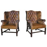 Pair of English Leather Upholstered Wing Chairs