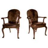 Used Pair of 19th Century Queen Anne Style Leathered Arm Chairs