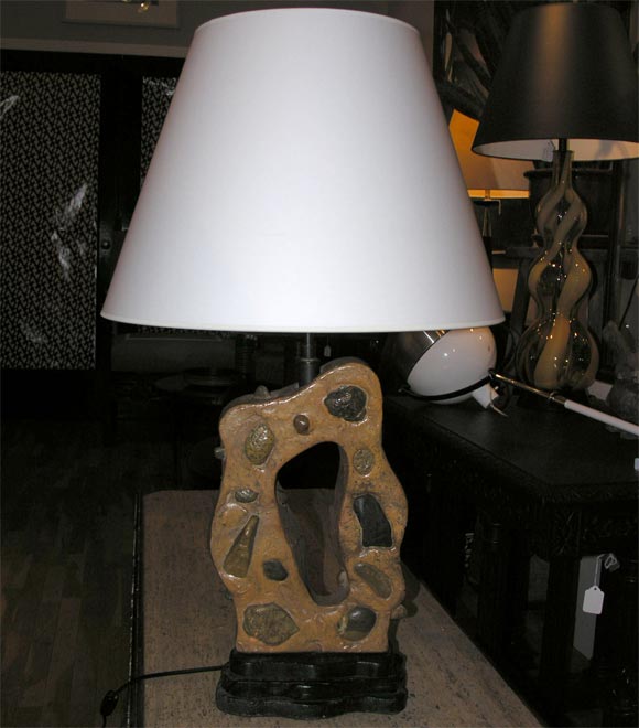 Pair of Organic  Concrete Lamps with Embedded River Stones