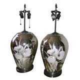 Pair of Mercury Glass Lamps with Floral Etching
