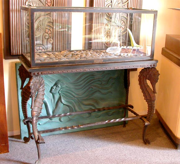 Large Bronzed Cast Iron Aquarium with Seahorse Legs.  This aquarium was made by the Jewel Aquarium Co in Chicago, Il.  This company was known for it's elaborate work in cast iron.   The 20 gallon tank has a 1 inch thick slate base and newly replaced