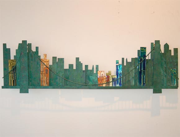Curtis Jere Brooklyn Bridge wall sculpture, welded copper with rich green patina and colored enamel detail
