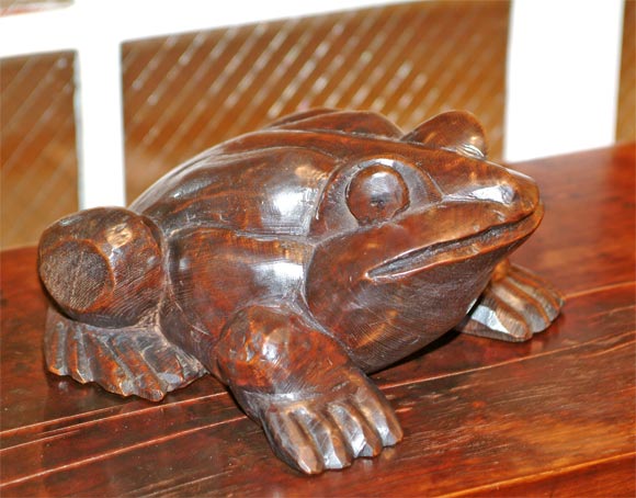 Collectible antique (taisho period) Japanese frog made from hinoki (cypress wood) by a known artist from Kyoto.  Signed and dated 1920s.  903365-297010