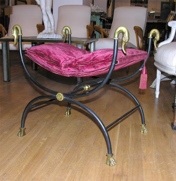 #3332 Pair of Empire Style Iron & Brass Pillow-Top Stools