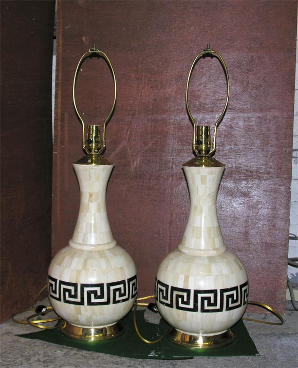 handsome pair of bone and horn lamps with greek key motif