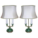Pair of green directoire style 2-lite bouillotte lamps