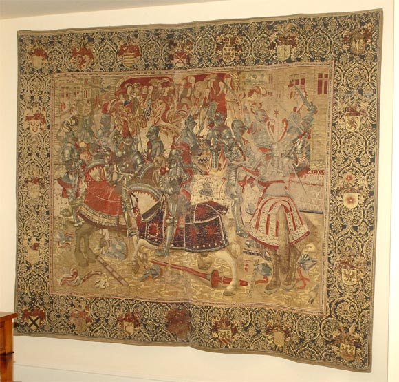 André Demay and Georges Boitard Limited Edition Silk- Screened Linen Panel, depicting a 15th- century Tournai tapestry of a jousting scene, 1924, accompanied by a handwritten certificate of authenticity signed by the Messrs. Demay and Boitard and