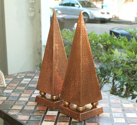 Pair of French Art Deco copper & brass obelisks