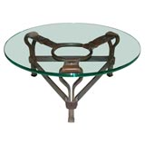 French 1950s Circular Iron and Leather Coffee Table