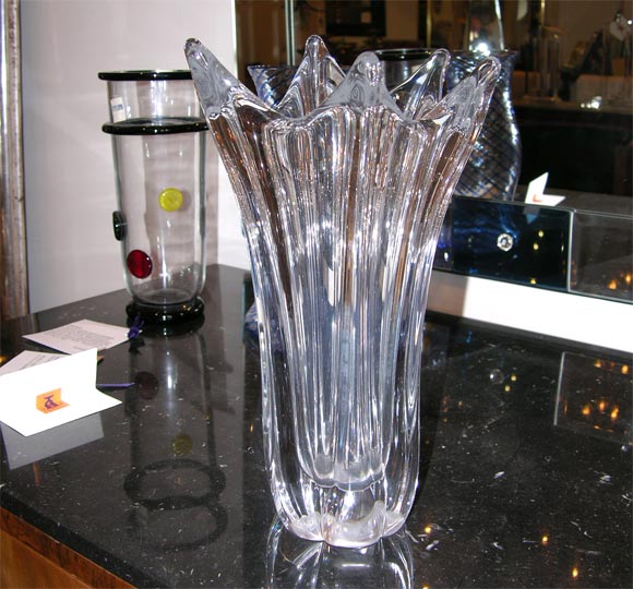 Elegant Tulip Shaped Clear Glass Vase. Signed Daum France.