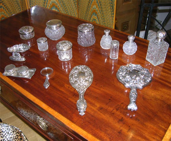 19th Century Group of Silver & Crystal Vanity Top Accessories