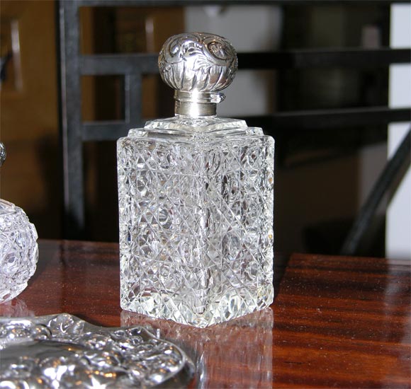 Cut Glass Group of Silver & Crystal Vanity Top Accessories