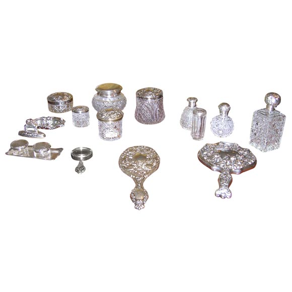 Group of Silver & Crystal Vanity Top Accessories