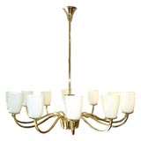 #3615 Large 12 Arm Brass Chandelier with White Glass Shades