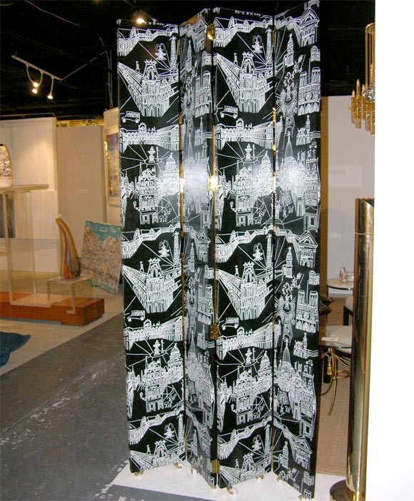 A tall room divider with four laminated panels with hand drawn scenes depicting Italian piazzas, joined with heavy brass hinges, resting on eight porcelain casters. Produced by Piazza Prints. U.S.A., circa 1980. [DUF0476]