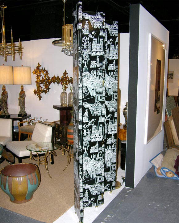 Laminated Charming Four Panel Illustrated Room Screen For Sale