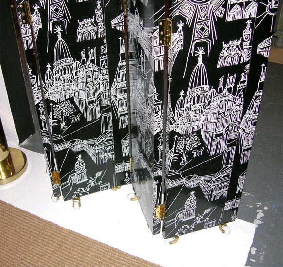 Charming Four Panel Illustrated Room Screen In Excellent Condition For Sale In New York, NY