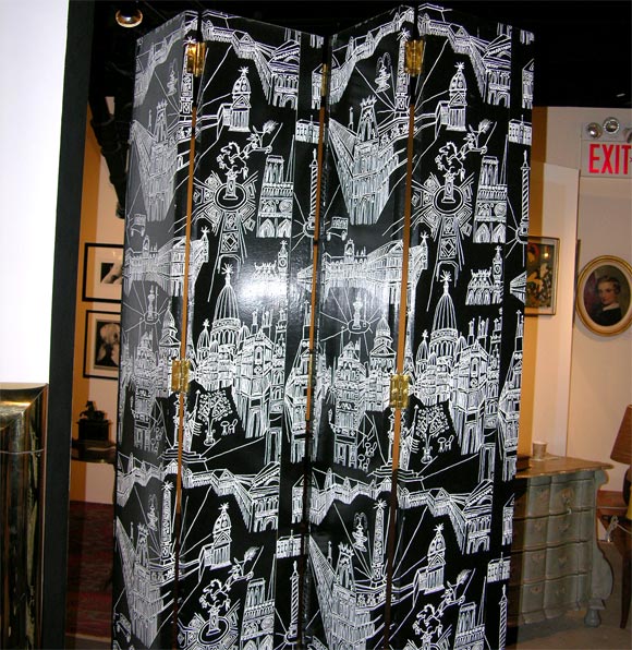20th Century Charming Four Panel Illustrated Room Screen For Sale