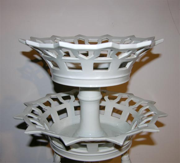 Large pair of Portuguese  porcelain two-tierd sweetmeat baskets For Sale 2