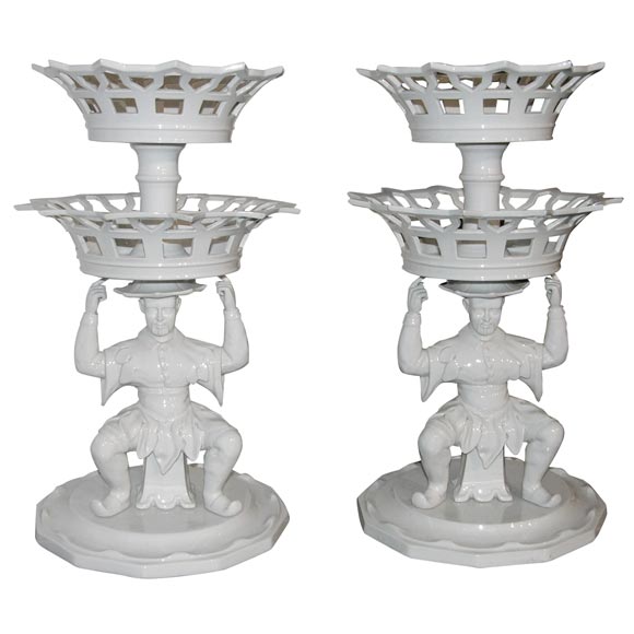 Large pair of Portuguese  porcelain two-tierd sweetmeat baskets For Sale