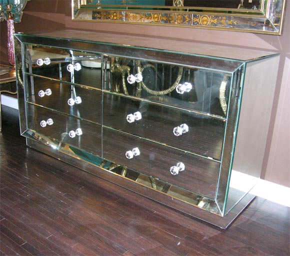 Custom beveled front 6-drawer mirrored dresser. Customization is available in different sizes, finishes and hardware.