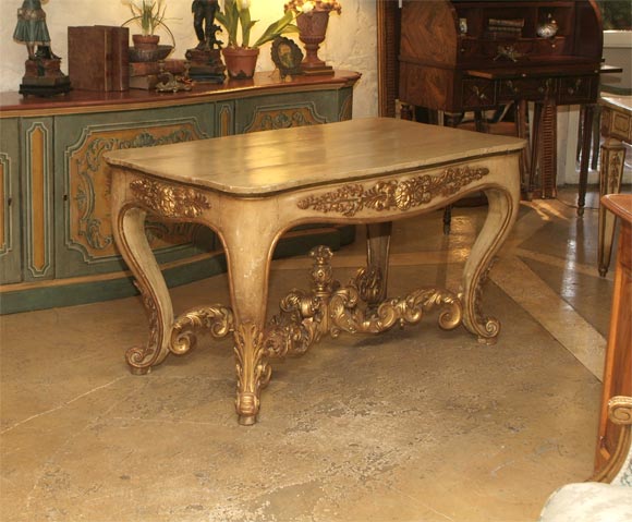 19th century painted gold gilt Italian center table.
(Console table, parlor table, serving table).