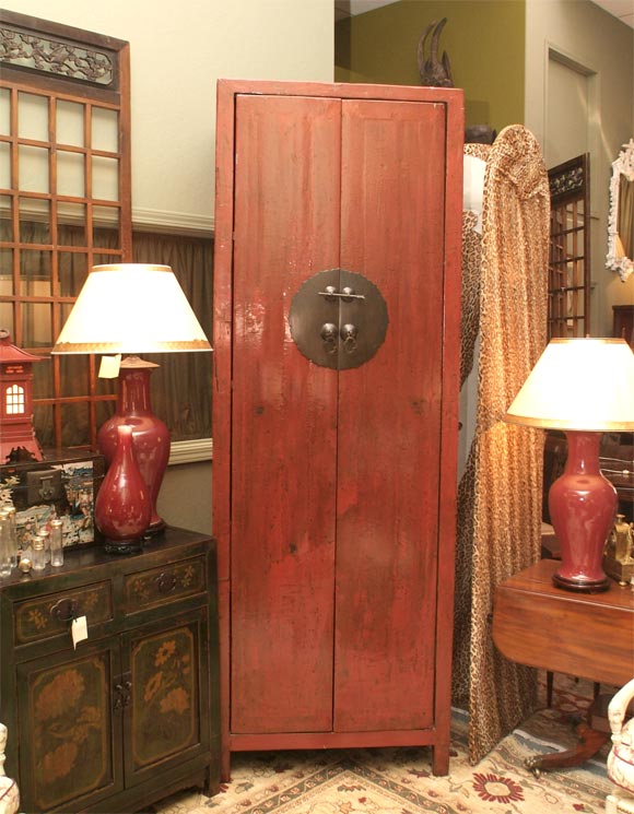 Chinese Red Lacquered Elm Tall Cabinet