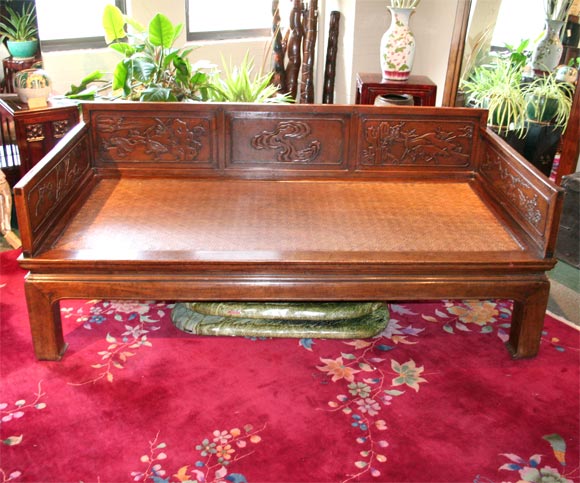 Chinese Walnut Carved Opium Bed with Woven Seat