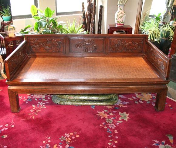 Walnut Carved Opium Bed with Woven Seat In Excellent Condition In Chicago, IL