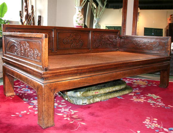 19th Century Walnut Carved Opium Bed with Woven Seat