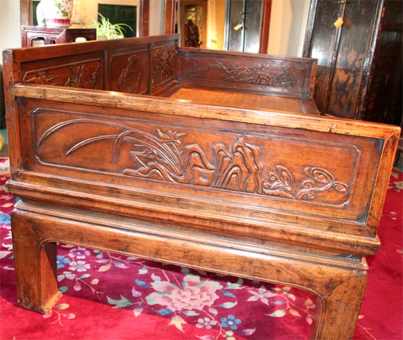 Walnut Carved Opium Bed with Woven Seat 4