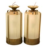 Pair of brass and glass hanging fixtures Pair of brass and glass hanging fixtures