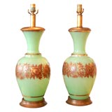 Pair of  Light Jade French Opaline Lamps with Gilt Decoration