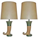 Pair of Horn Form Oak and Bronze Table Lamps