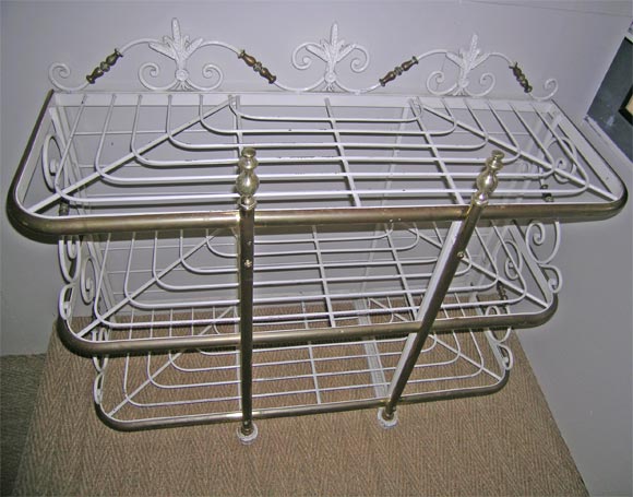 French painted wrought iron and brass bakers rack, stamped Perfit Fil Ltd Paris, circa 1930
