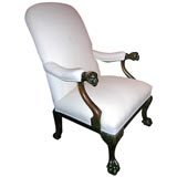 19th Century Irish Upholstered Armchair w/ Lion Head Armrests.