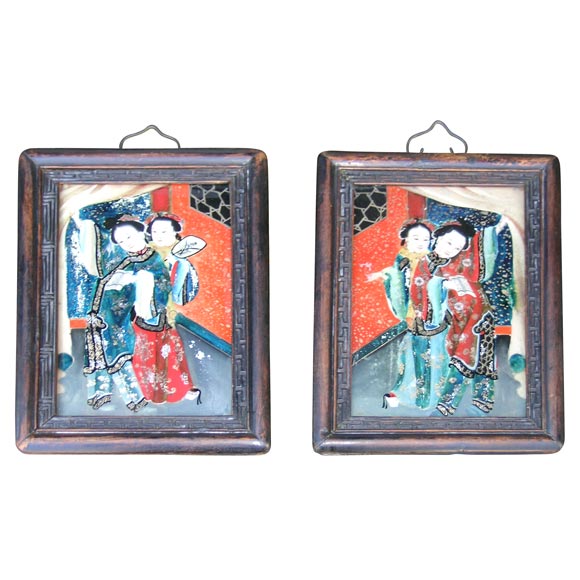 Pair of Antique Chinese Reverse Paintings og Glass at 1stDibs