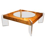 Coffee Table in Burled Walnut with Inset Glass and Lucite Legs