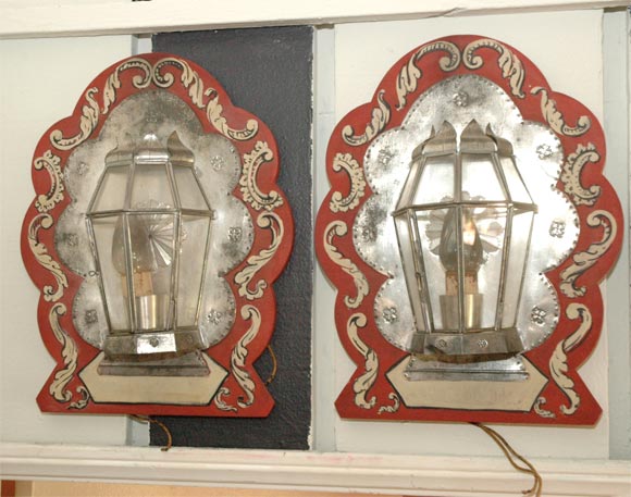 French A Pair of Glass and Wood Decorative Wall Lanterns