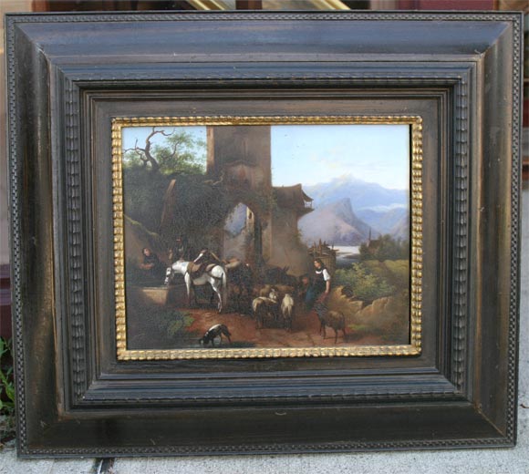 Fine quality painting, oil on copper, entitled 'Porte Merion en Tyrol', artist unknown, with ebonized Dutch frame.  Note:  Dimensions listed include frame.
