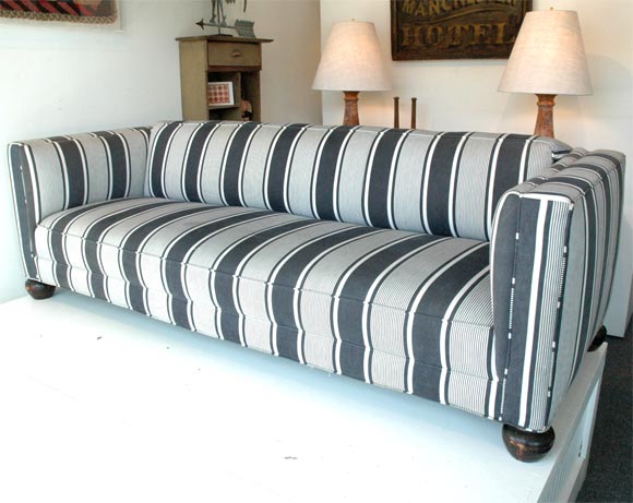 1920S SOFA UPHOLSTERED IN 19THC FRENCH TICKING-GREAT FORM