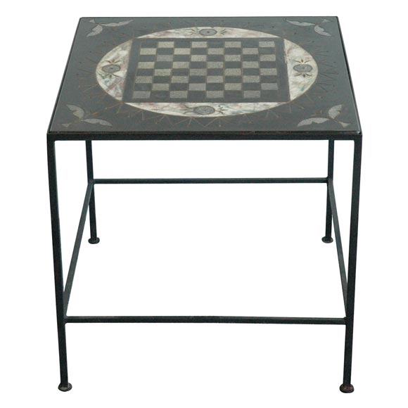 19THC ORIGINAL SLATE GAMEBOARD/ TABLE WITH IRON BASE FRAME