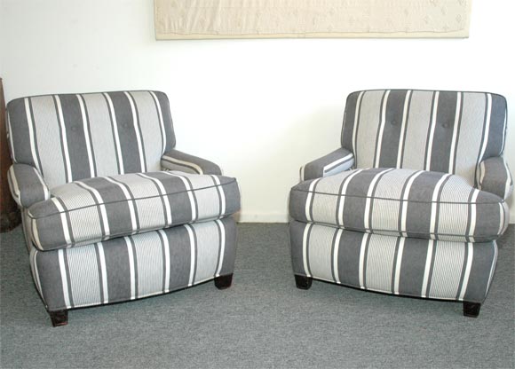 PAIR OF 1940S CLUB CHAIRS UPHOLSTERED IN 19THC BLK.&WHT. TICKING
