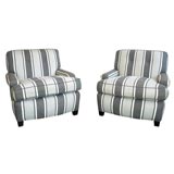 PAIR OF 1940S CLUB CHAIRS UPHOLSTERED IN 19THC BLK.&WHT. TICKING